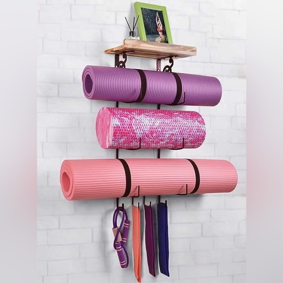 Yoga Mat Holder w/Shelf & Hooks Wall Mount Workout Gym Accessories Storage Rack - Picture 3 of 11